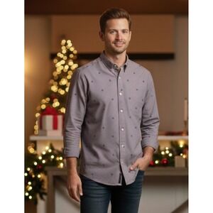 ROWM Burgundy Check Snowflake Print Classic Fit Button Down Shirt Mens Sz XL